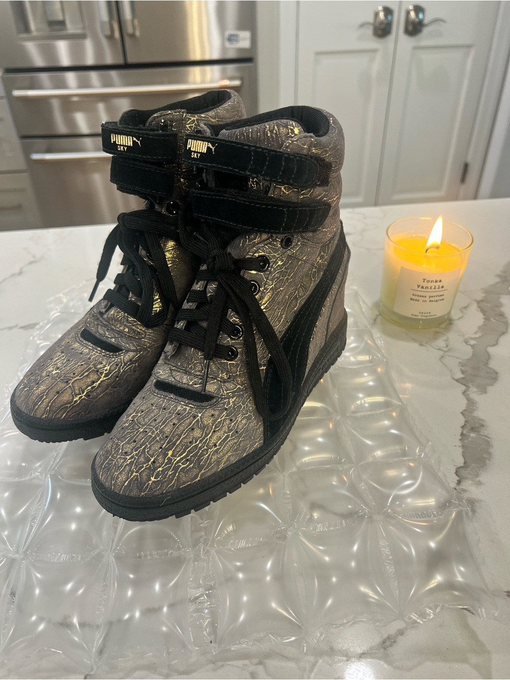 Puma Sky Wedge Gray/Gold Thread Iridescent Womens High Top Sneakers: Size 7